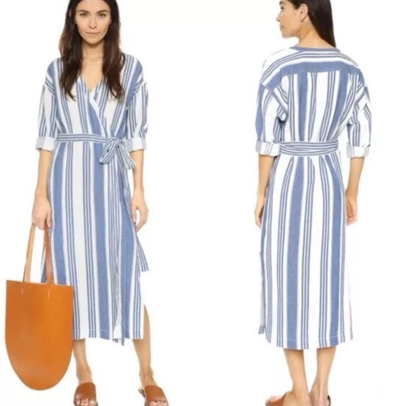 Madewell Cotton Linen Blend Linn Stripe Wrap Midi Dress - Picture 3 of 12